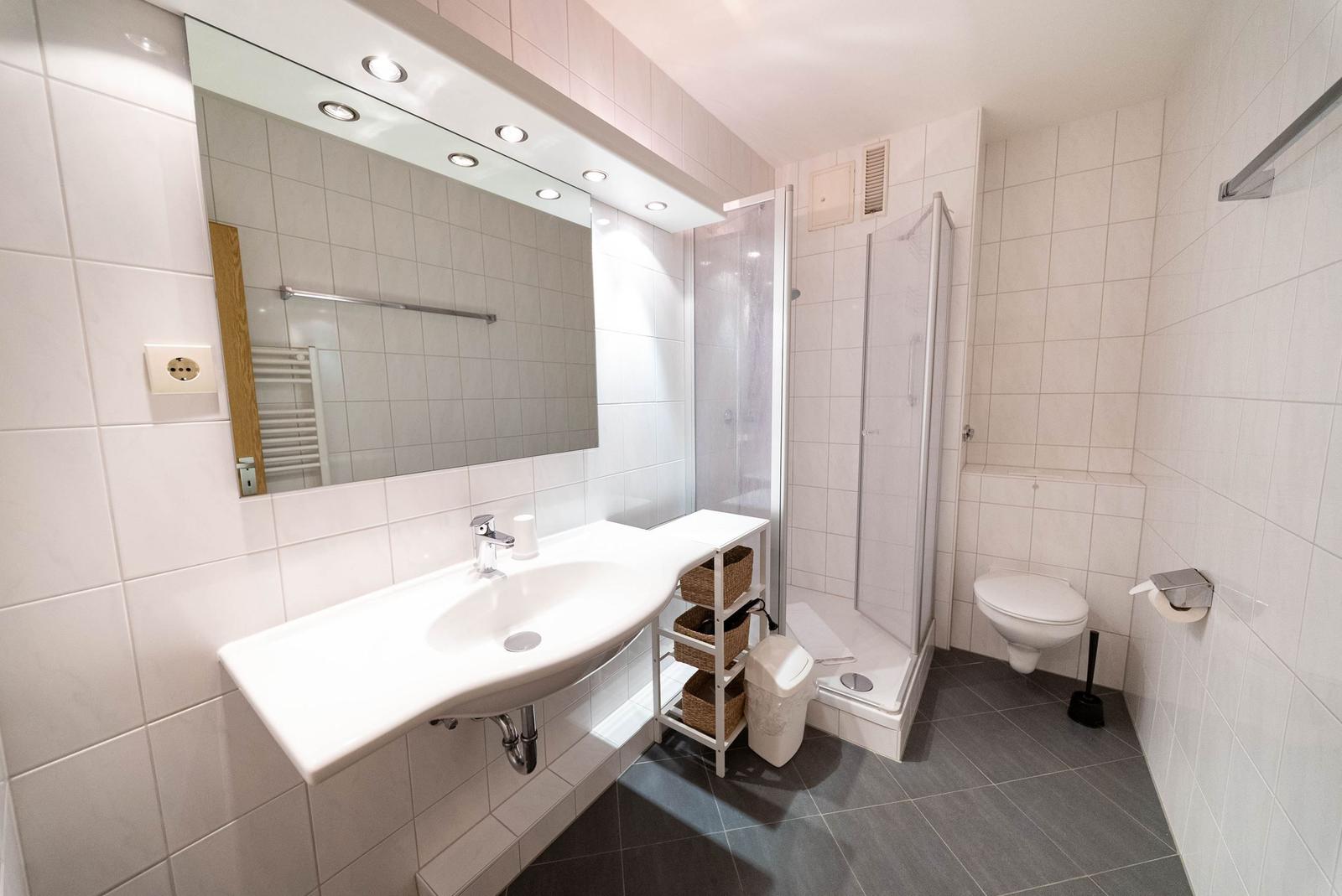 Badezimmer mit Dusche, WC, Waschbecken und Spiegel