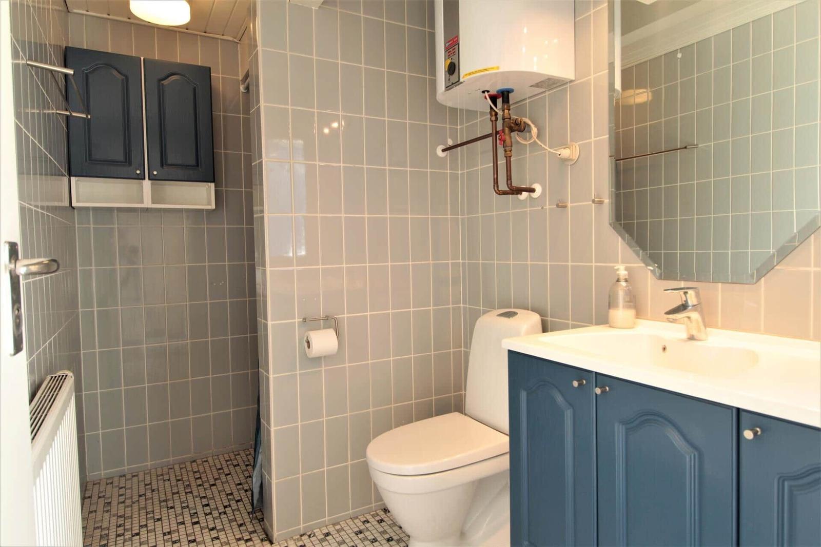 Badezimmer mit Toilette, Waschbecken und Dusche. Wandfliesen und blauer Schrank.