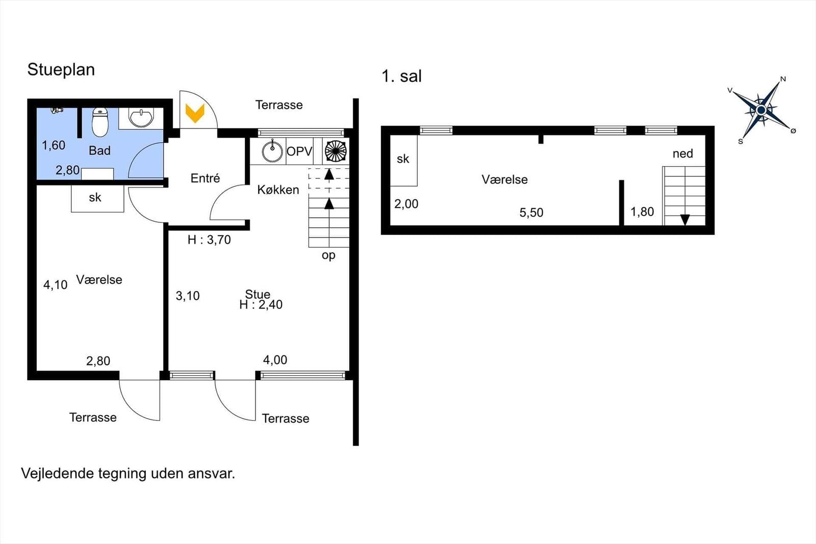 Funktionaler Grundriss mit Küche, Bad und Terrasse. Zwei Etagen mit Wohnbereichen.