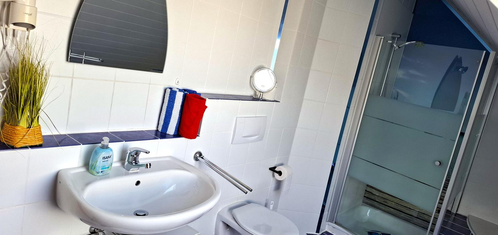 Badezimmer mit Dusche, Waschbecken und Toilette. Fliesenwand, Spiegel und Handtuchhalter.