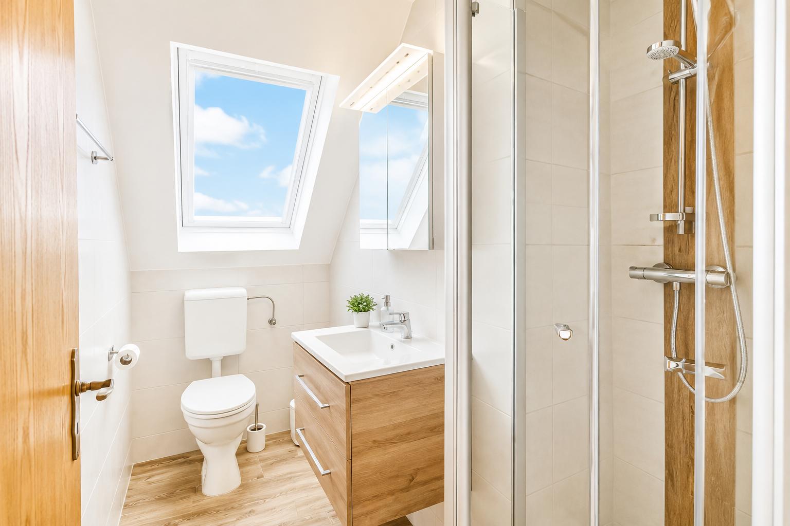 Badezimmer mit Dusche, Waschbecken und Toilette unter Dachfenster.