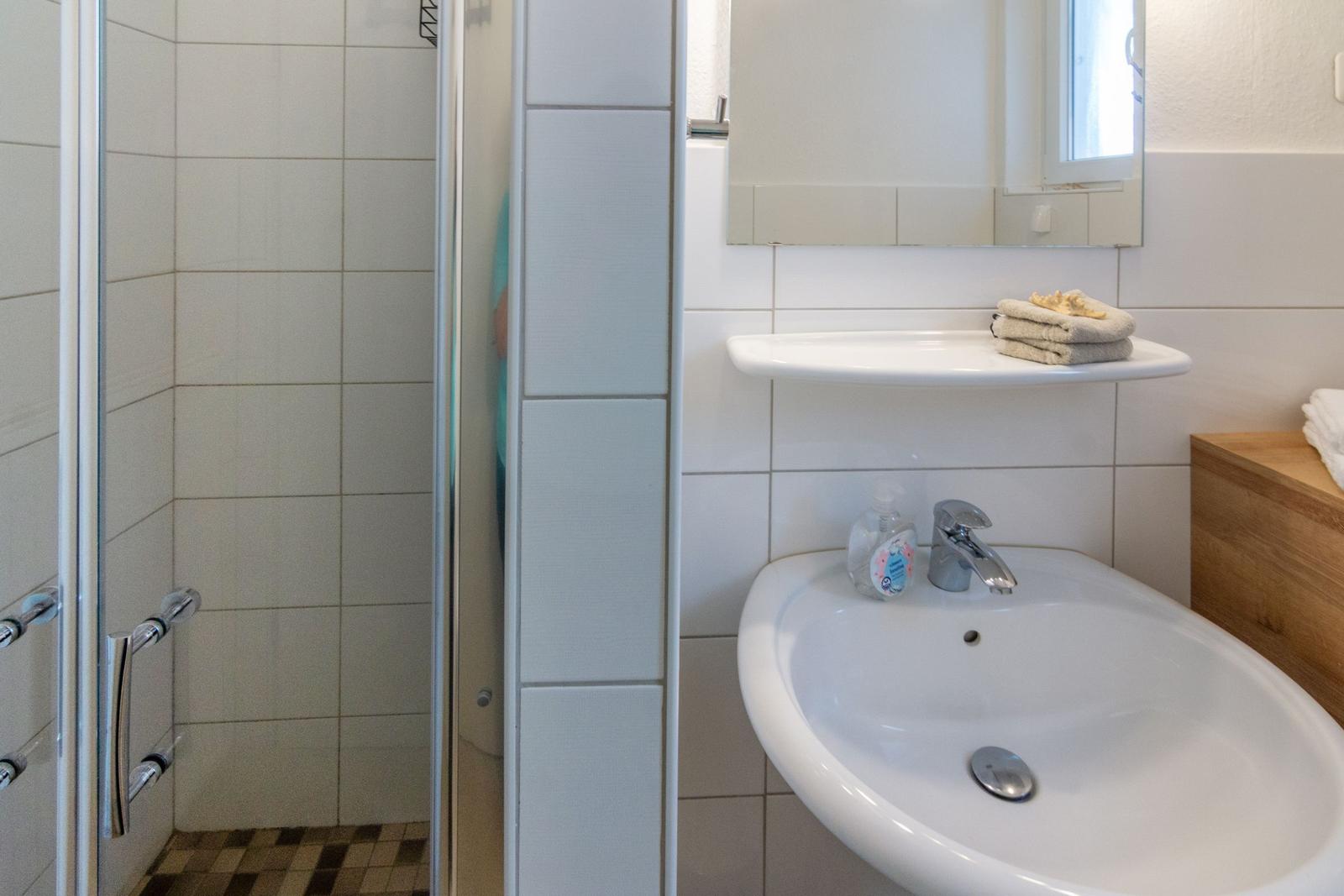 Badezimmer mit Dusche, Waschbecken und Spiegel