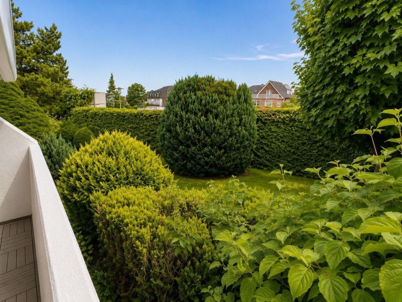 Garten mit grünen Sträuchern und Bäumen. Blick auf Nachbarhäuser im Hintergrund.