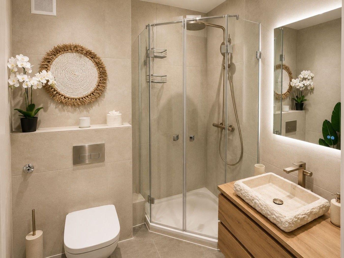 Bad mit Dusche, Waschtisch und Toilette. Dekoration mit Orchidee und runden Wandobjekt.