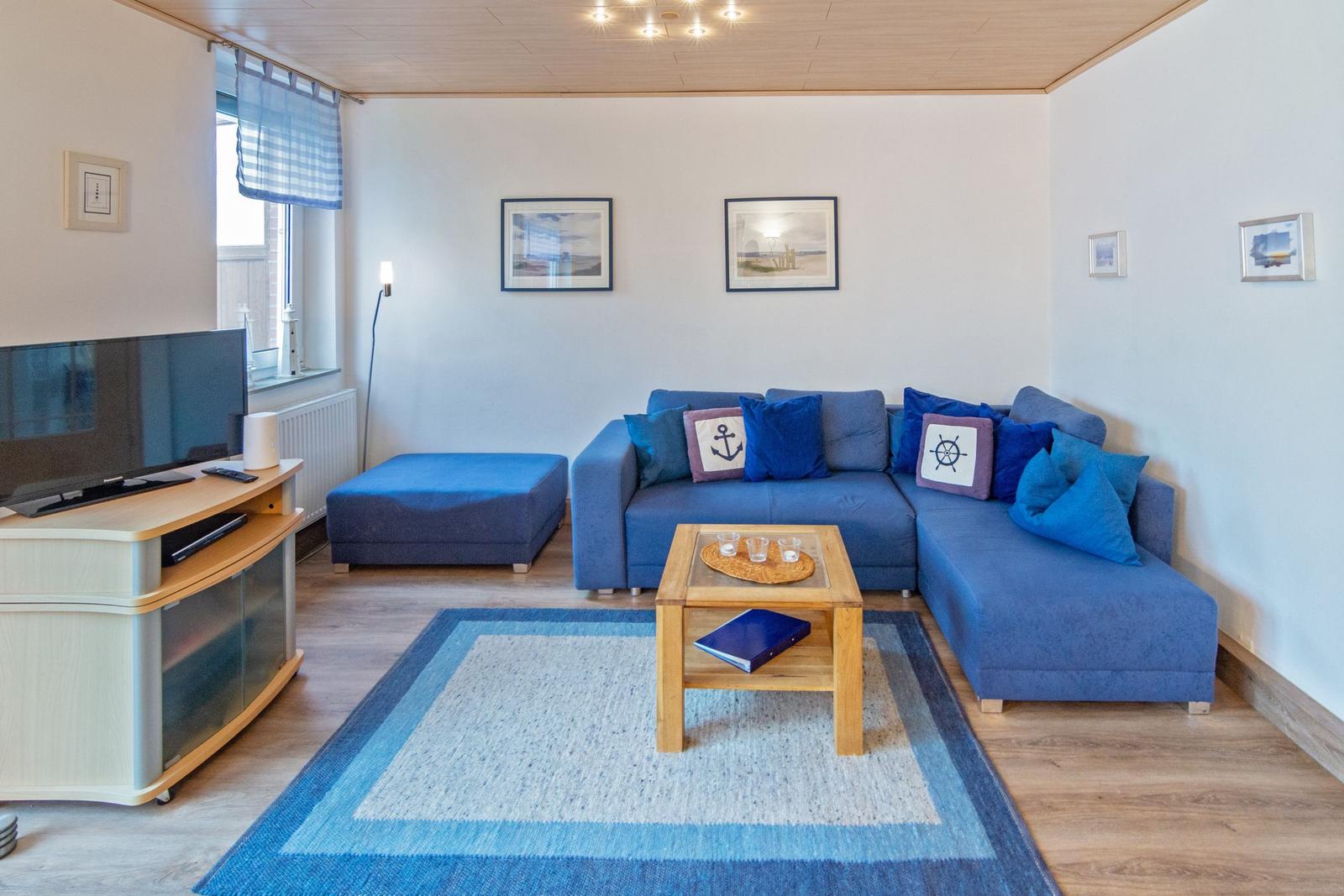 Ein Wohnzimmer mit blauem Sofa, Holzfußboden und Teppich. Fernseher und Bilder an der Wand.