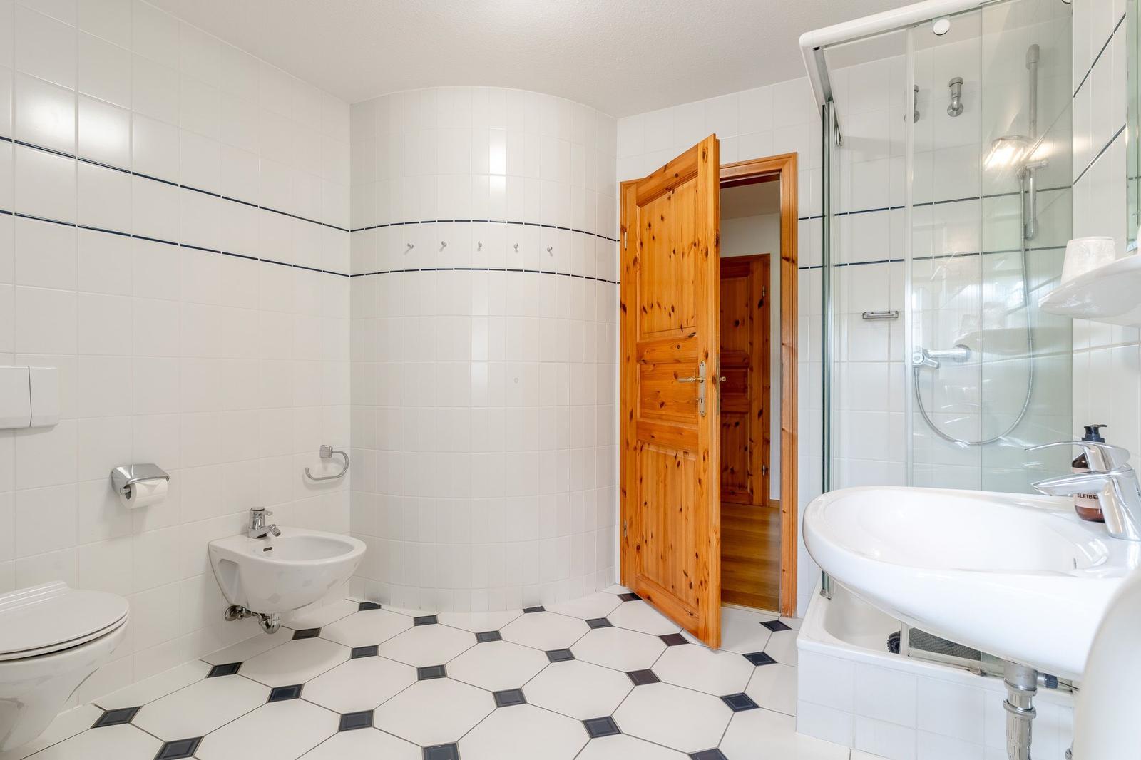 Badezimmer mit Dusche, Waschbecken und Toilette. Fliesenboden und Holztür.