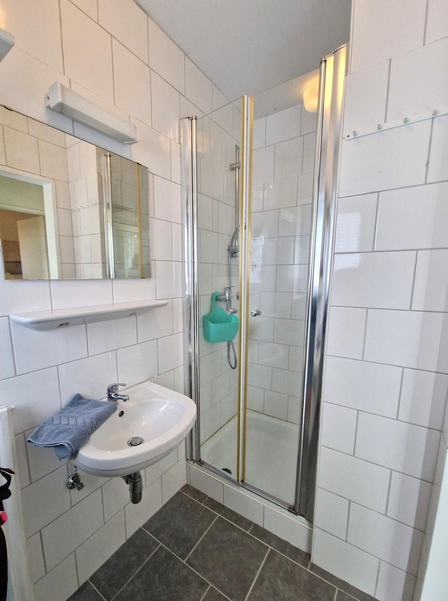 Badezimmer mit Dusche, Waschbecken und Spiegel an der Wand.