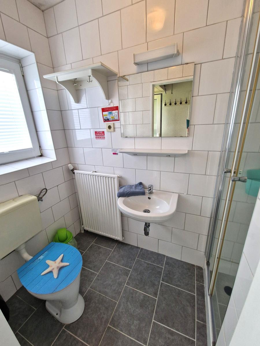Badezimmer mit Toilette, Waschbecken und Dusche. Blauer Sitz mit Seestern.