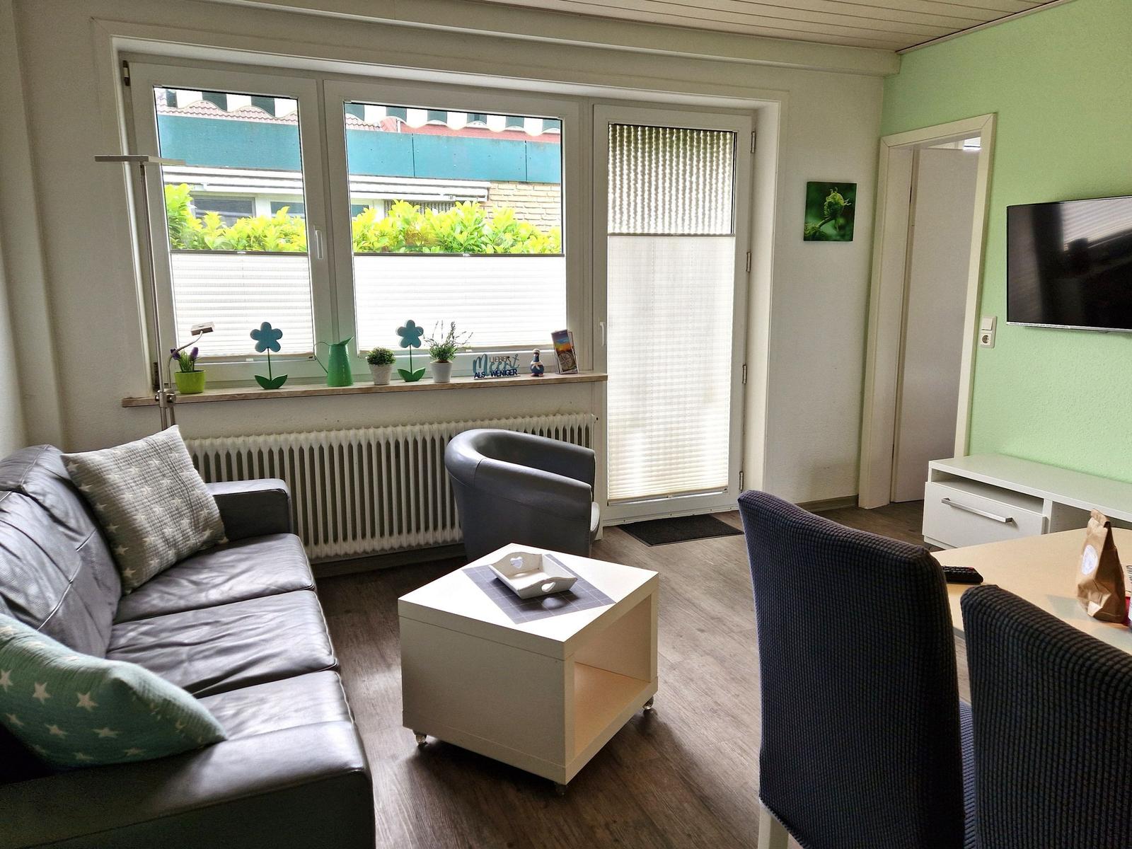 Wohnzimmer mit Sofa, Sessel, Tisch und TV. Fenster mit Pflanzen und Blick nach draußen.