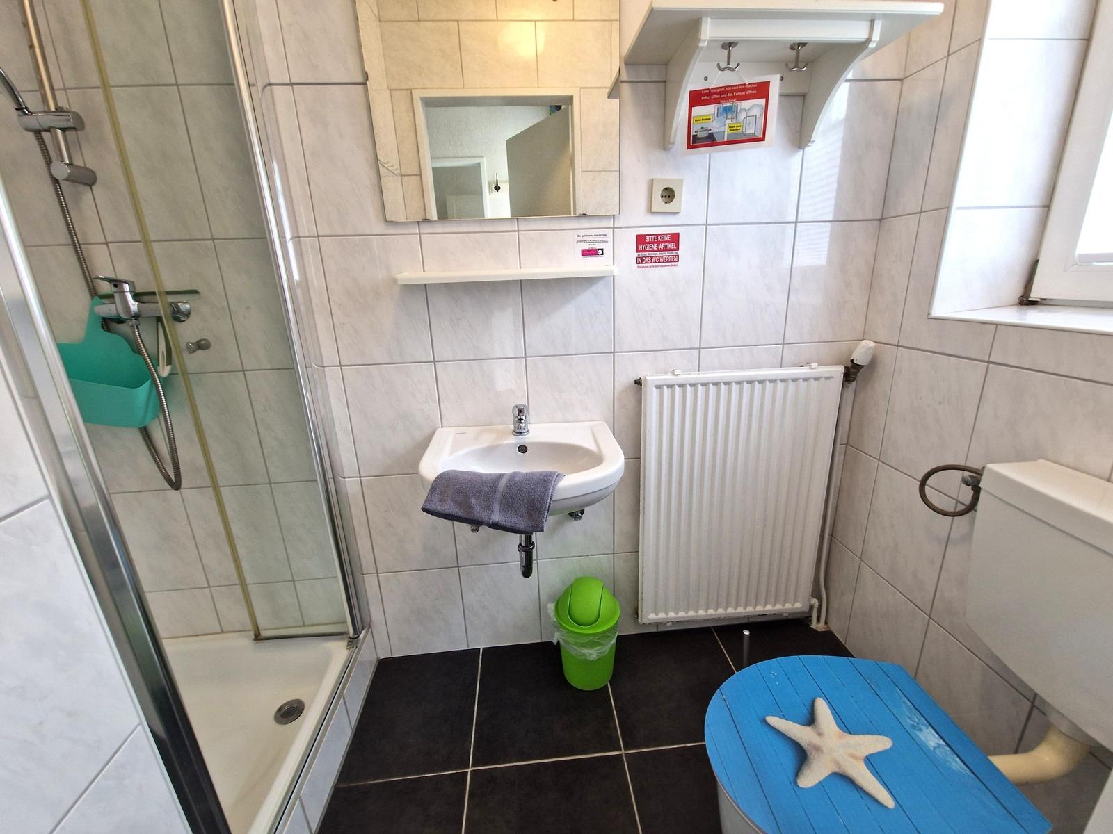Badezimmer mit Dusche, Waschbecken und Toilette. Blauer Sitz mit Seestern.