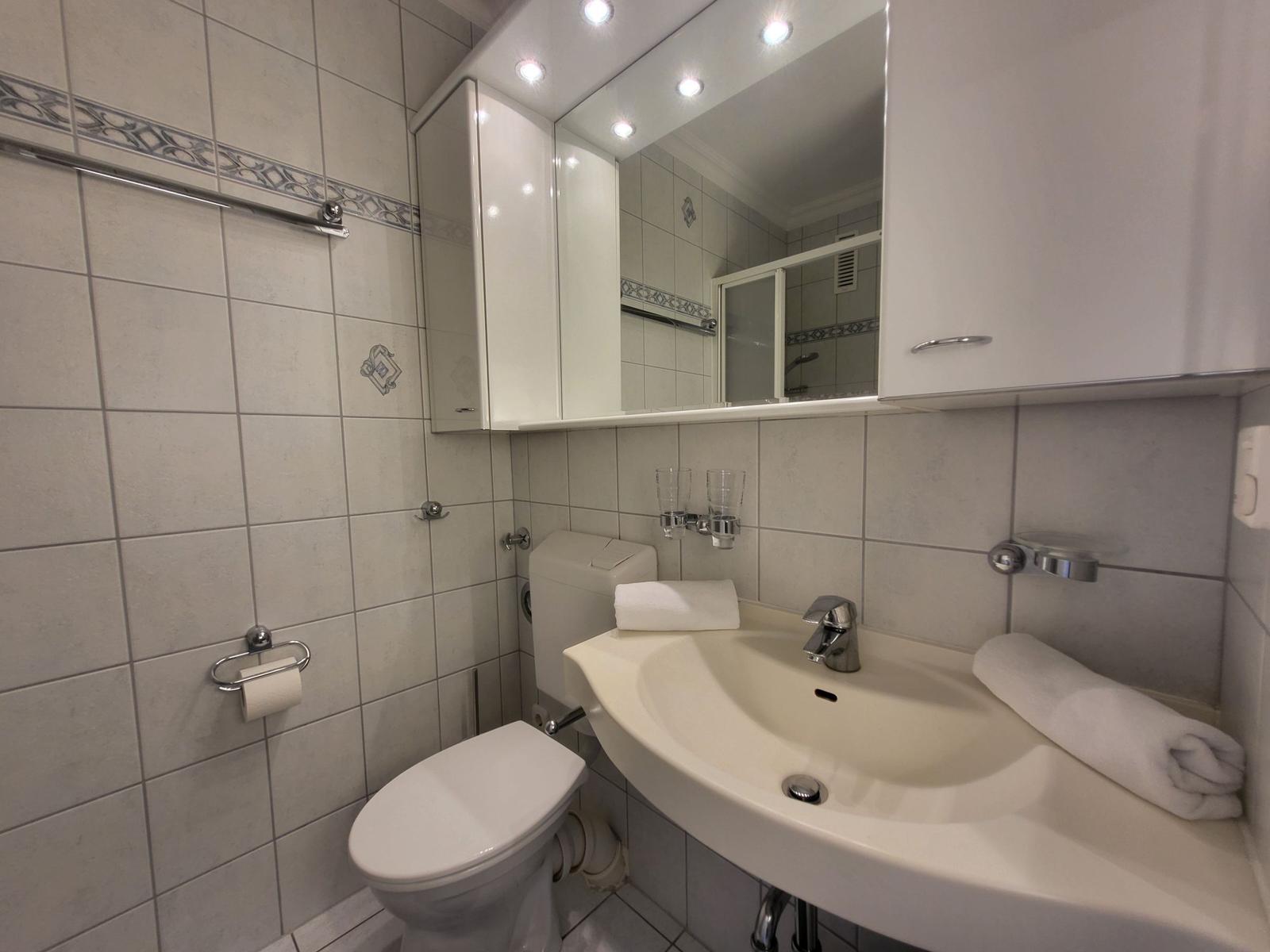 Badezimmer mit Waschbecken, Spiegel, Toilette und Handtuchhaltern.