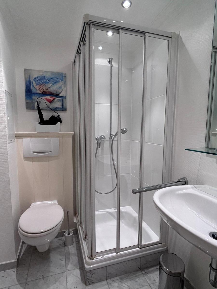 Badezimmer mit Duschkabine, Waschbecken und Toilette. Wandbild und Spiegel sind sichtbar.