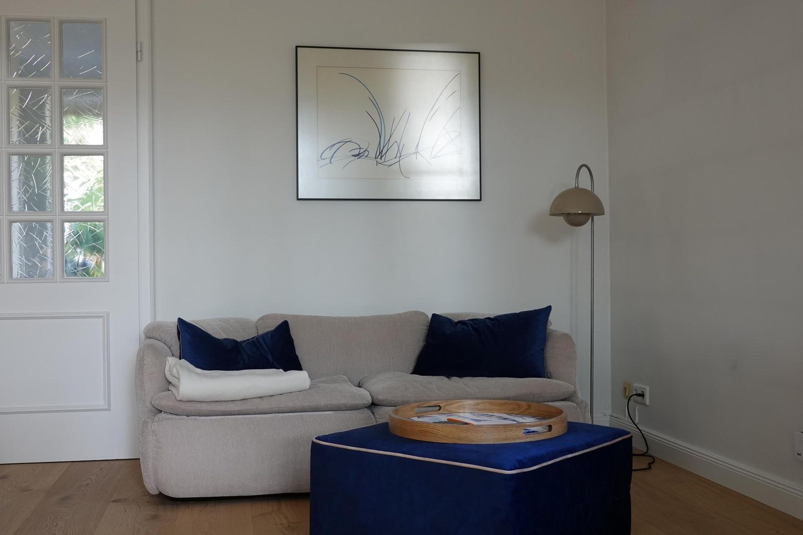 Ein Wohnzimmer mit grauem Sofa, blauen Kissen und einem blauen Sitzkissen. An der Wand hängt ein Bild.