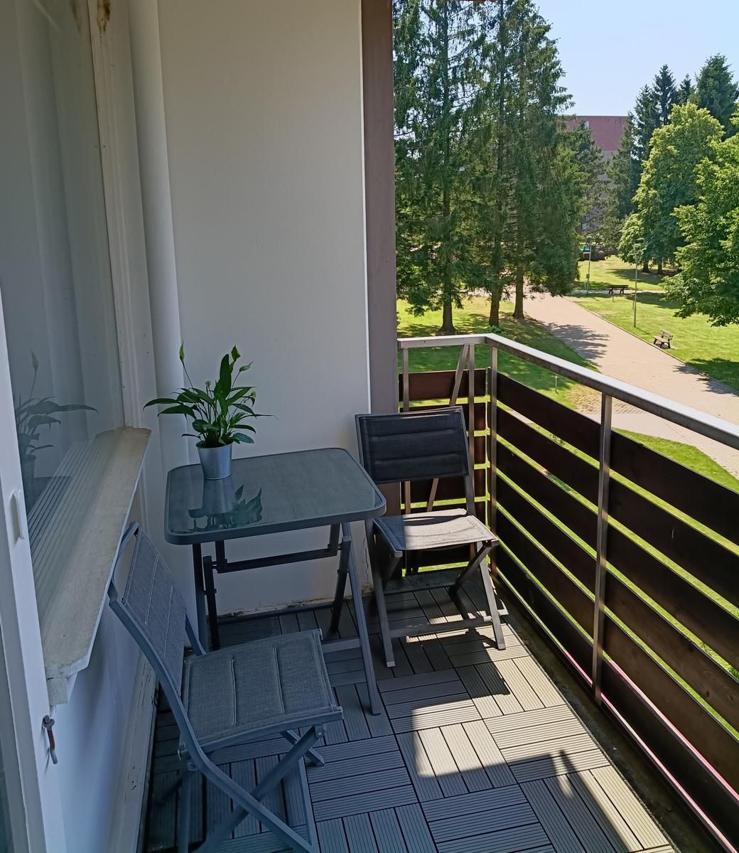 Balkon mit Tisch, zwei Stühlen und Pflanze. Blick auf Grünfläche und Bäume.