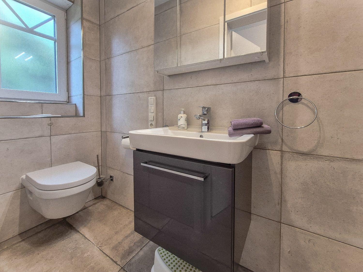Badezimmer mit Toilette, Waschbecken und Spiegelschrank. Fenster und Handtuchhalter sichtbar.