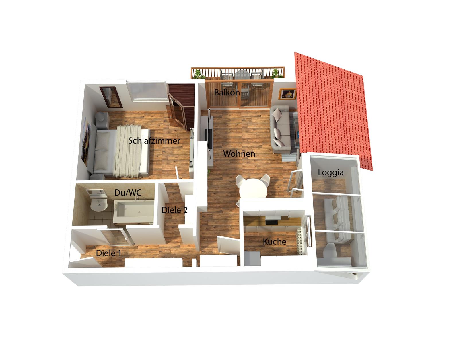 Wohnung mit Schlafzimmer, Küche, Bad und Balkon. Loggia und Wohnbereich mit Sitzgelegenheit.