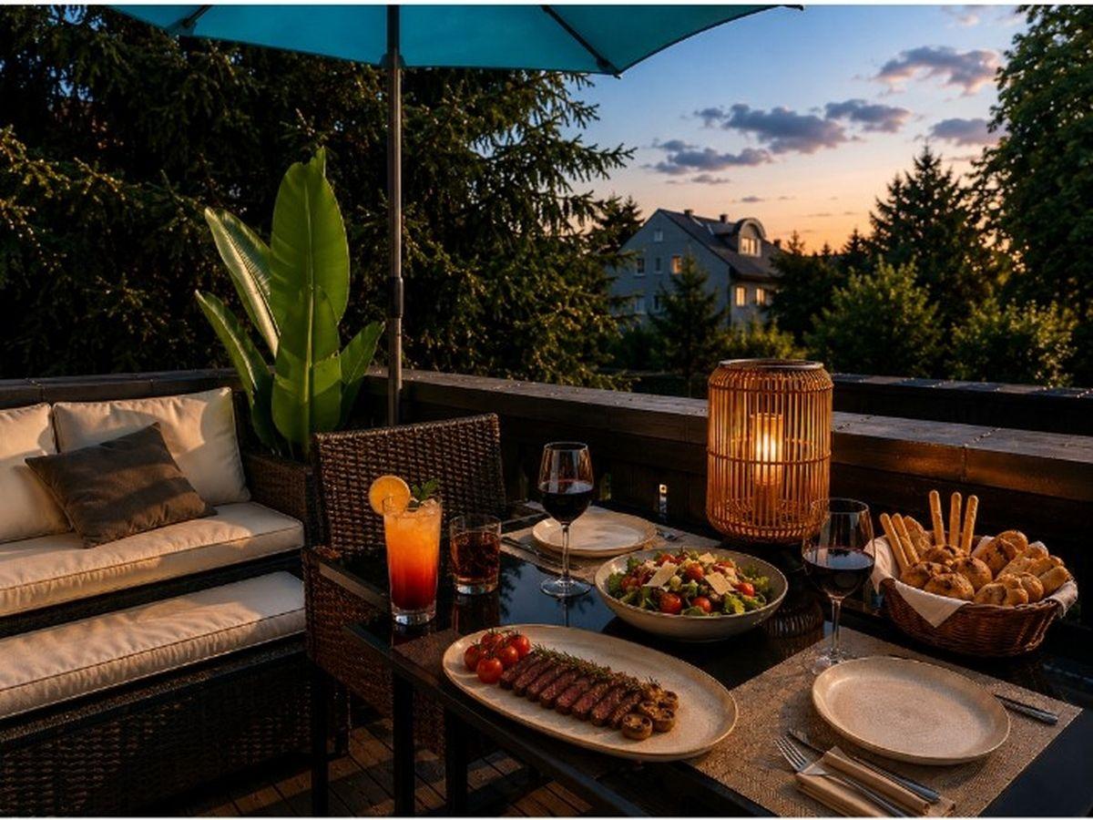 Terrasse mit Esstisch, Sitzgelegenheit und Blick auf Wohnhaus