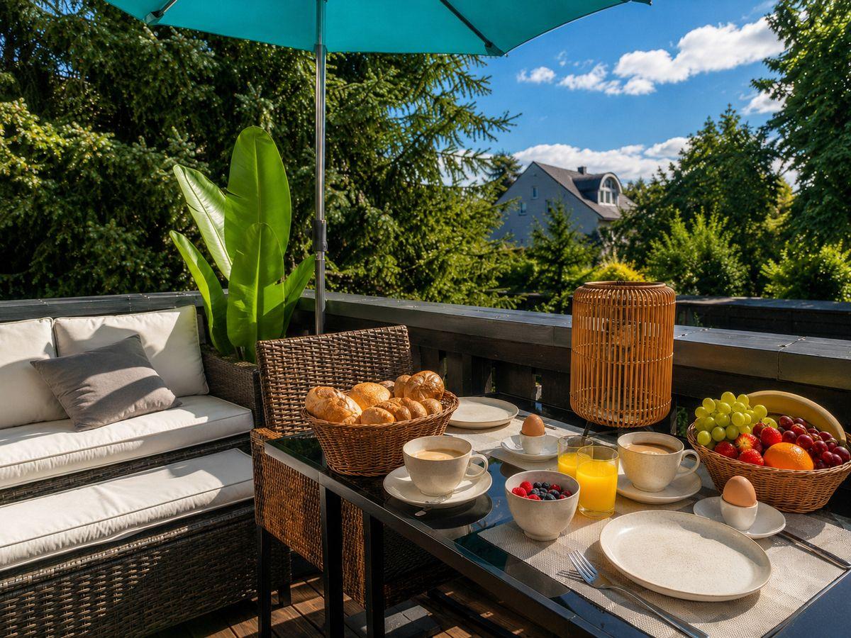 Terrasse mit Tisch, Stühlen, Sonnenschutz und Frühstück.