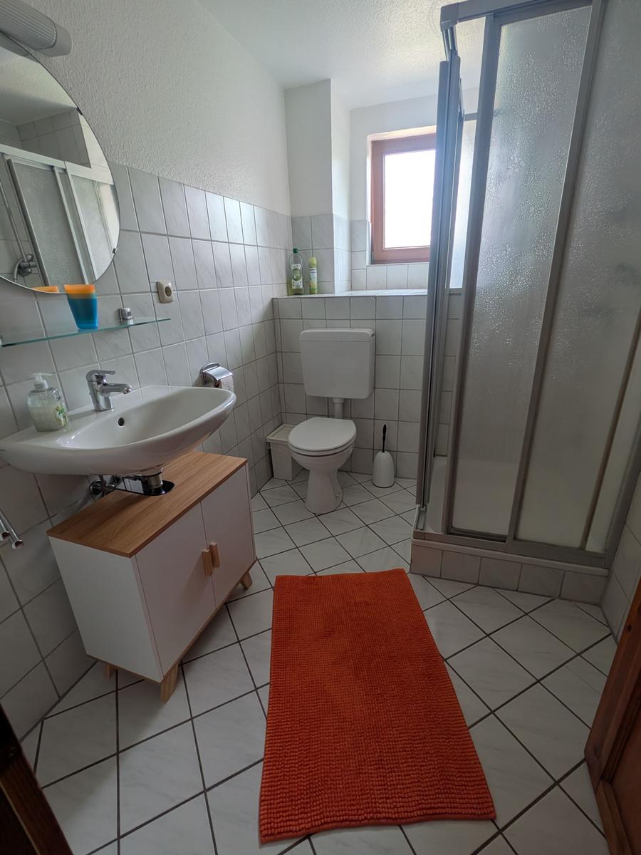 Badezimmer mit Dusche, Toilette und Waschbecken auf Holzunterschrank