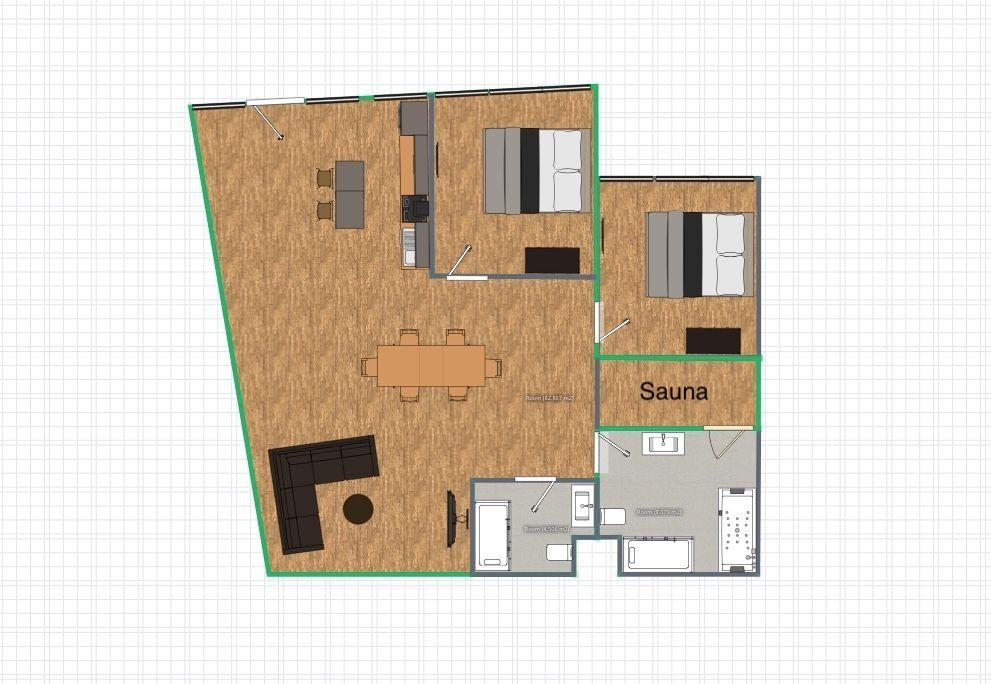 Dieses Ferienhaus hat eine Sauna, zwei Schlafzimmer, eine Küche und eine Wohnküche.