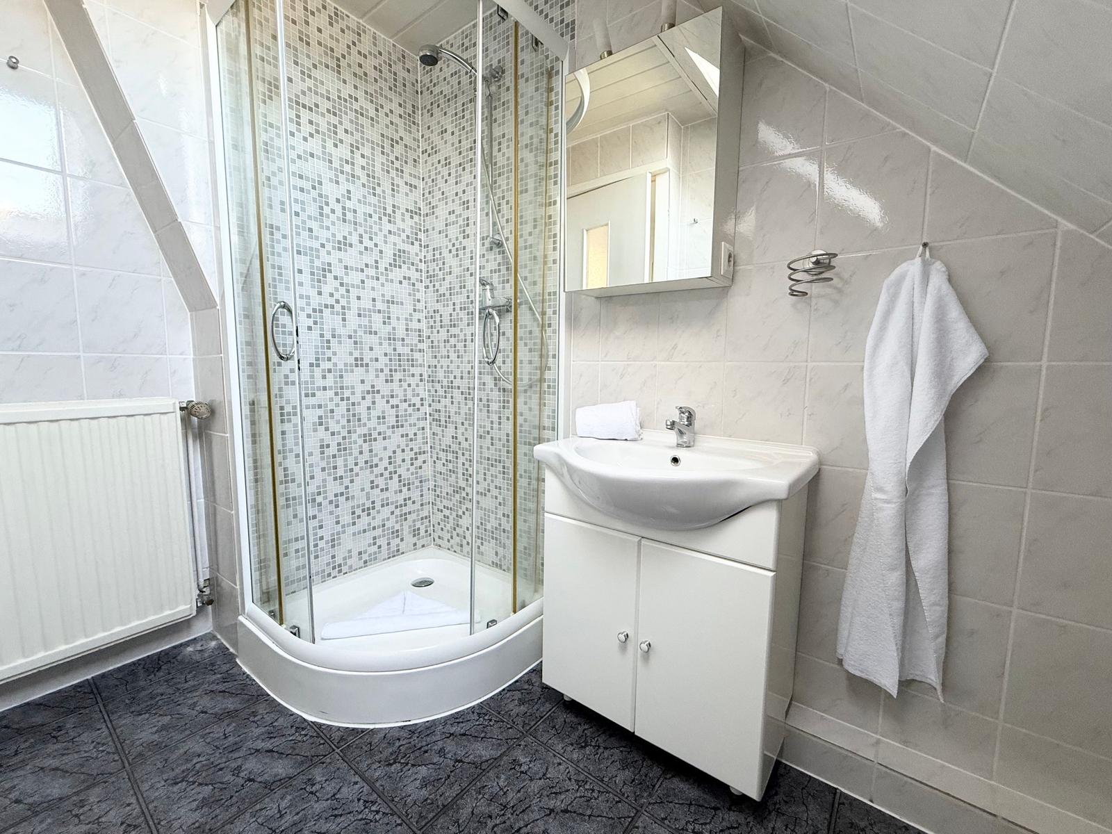 Badezimmer mit Dusche, Waschbecken und Handtuch