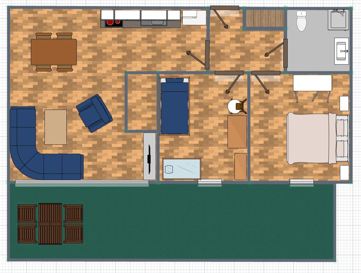 Wohnung mit Küche, Schlafzimmer, Bad und Terrasse mit Gartenmöbeln.