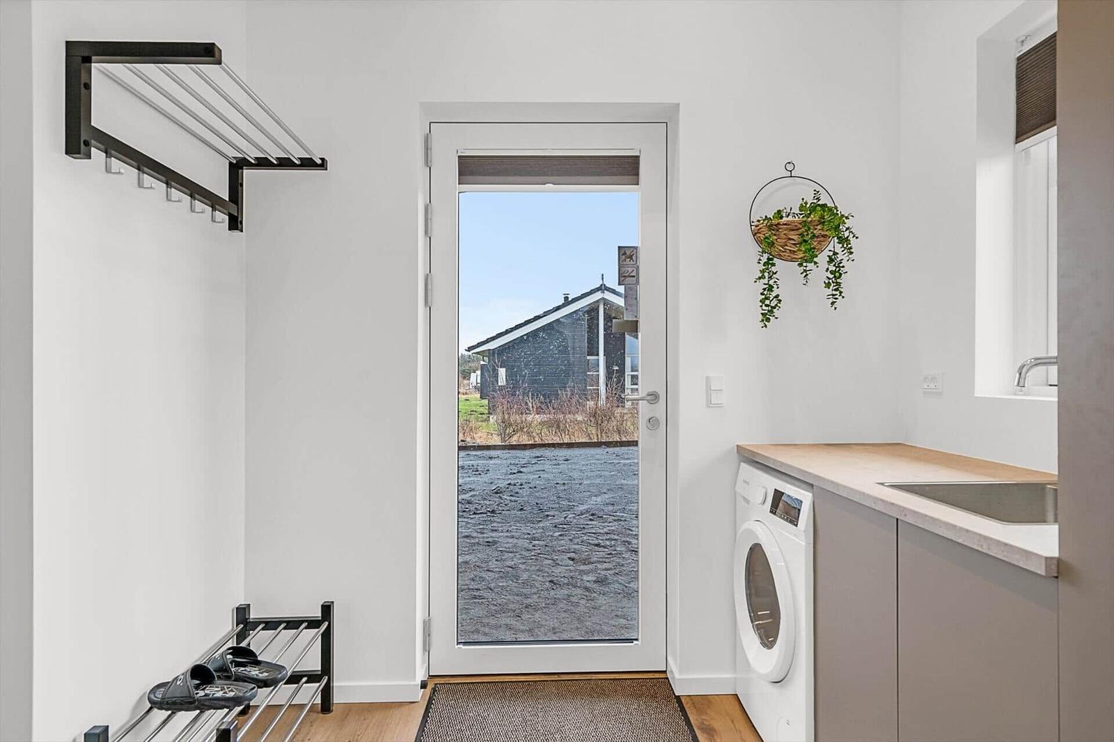 Helle Eingangshalle mit Waschmaschine, Handtuchhalter und Blick nach draußen.