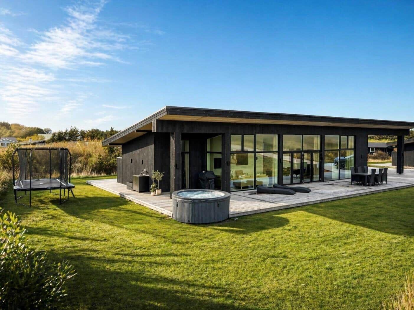 Moderne Villa mit Whirlpool, Terrasse und Trampolin auf grünem Grundstück.