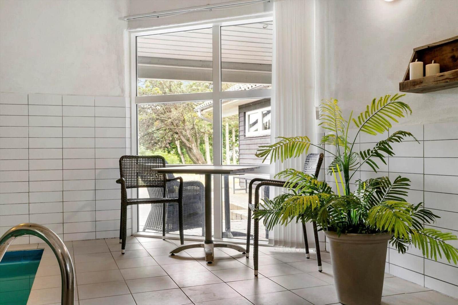Raum mit Tisch, Stühlen und Pflanze neben Pool und Fenster zur Terrasse