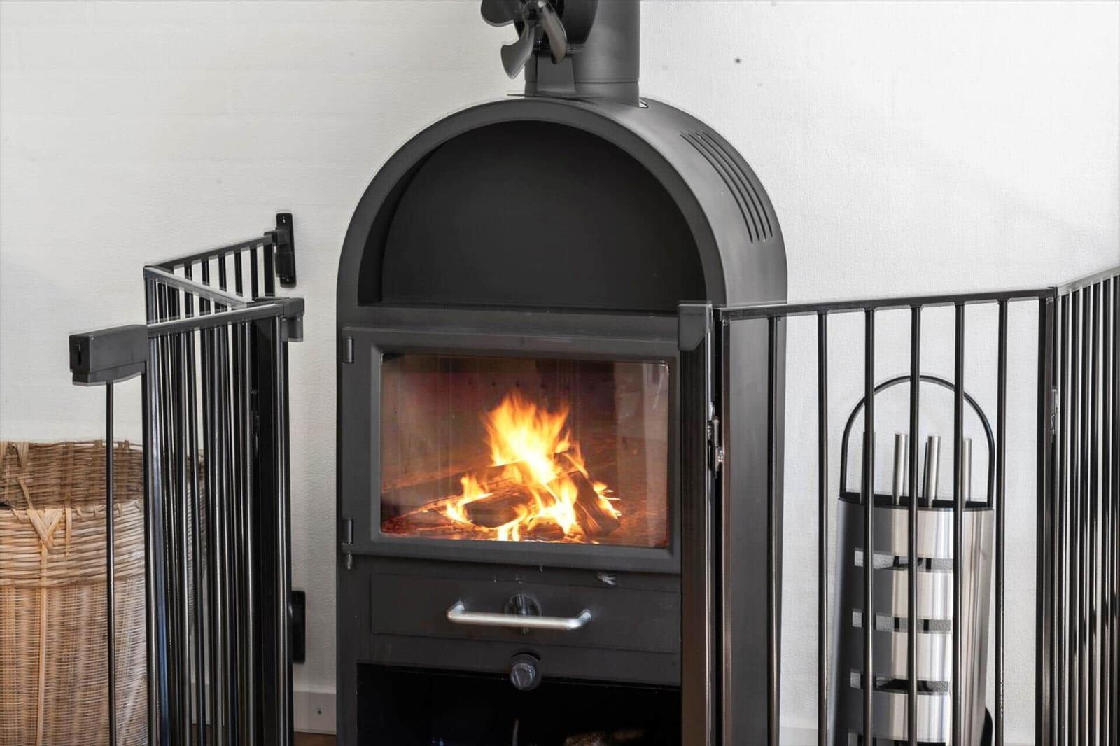 Ein Kaminofen mit brennendem Holz, umgeben von einem schwarzen Metallgeländer.