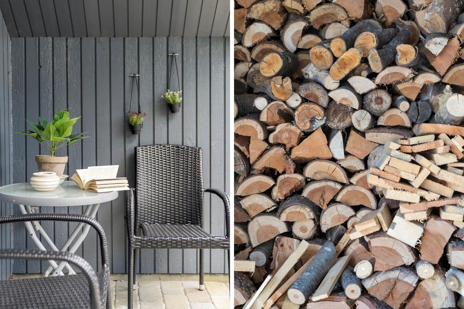 Terrasse mit Stuhl und Tisch. Holzstapel für Kamin oder Grill.