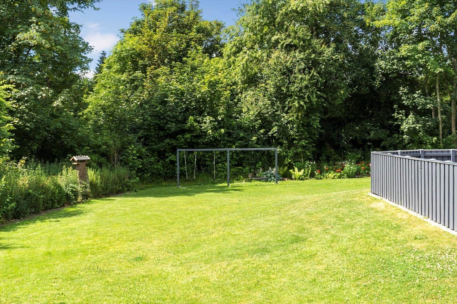Grüner Garten mit Schaukel und Zaun. Hintergrund: dichter Wald.