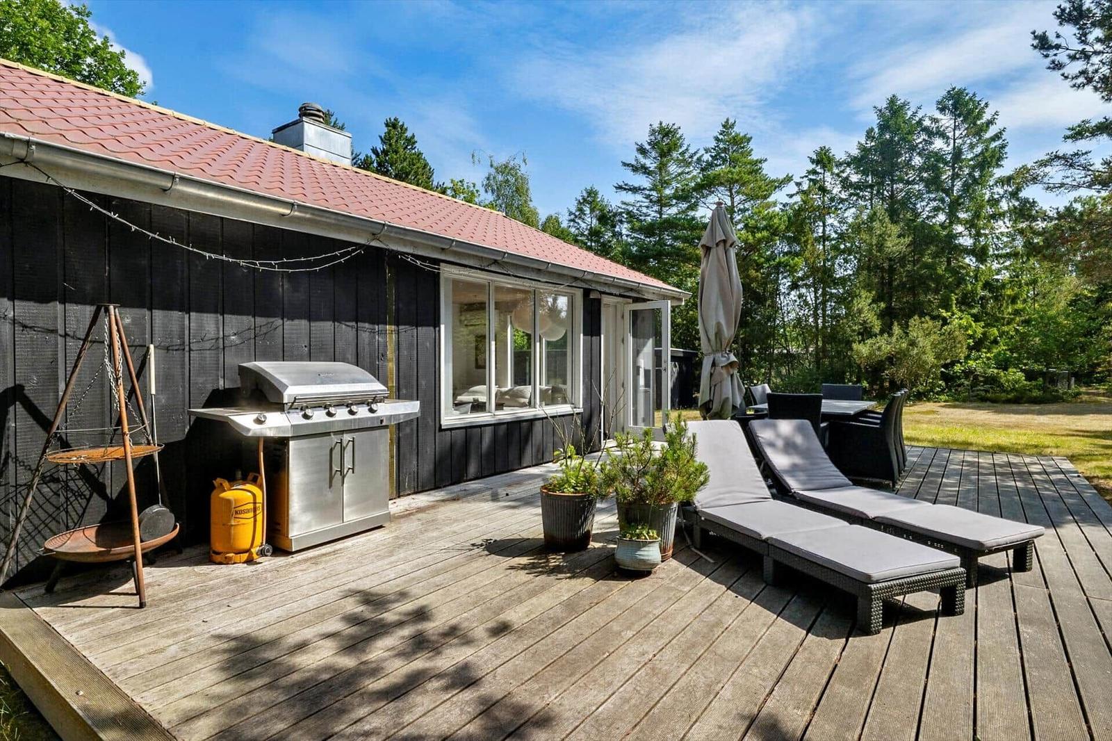 Terrasse mit Grill, Liegen und Pflanzen vor einem Haus mit Holzfassade.