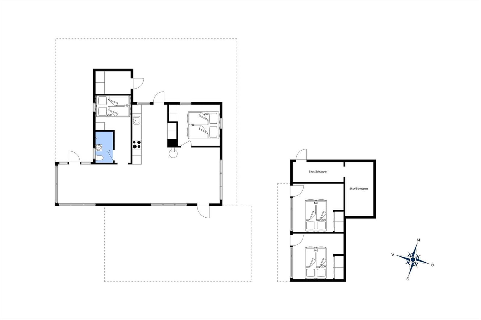 Zwei Schlafzimmer, Küche, Bad und zwei Schuppen sind im Grundriss dargestellt.