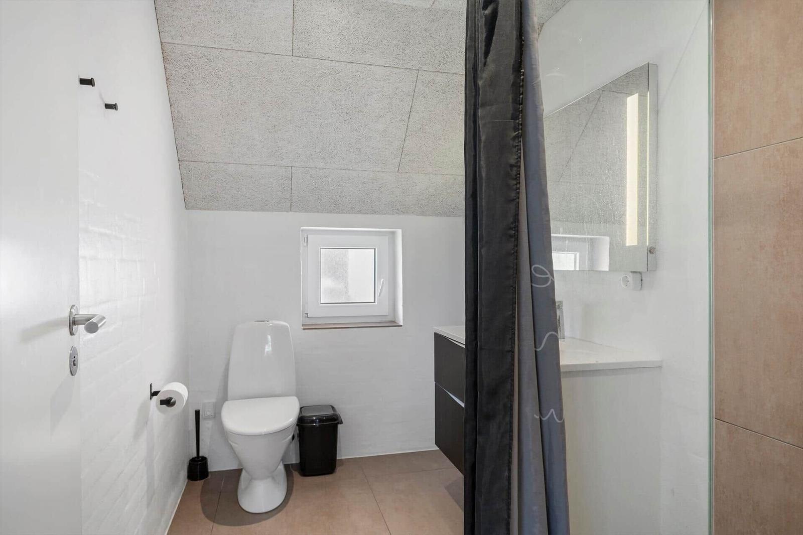 Badezimmer mit Toilette, Fenster, Spiegelschrank und Duschvorhang.