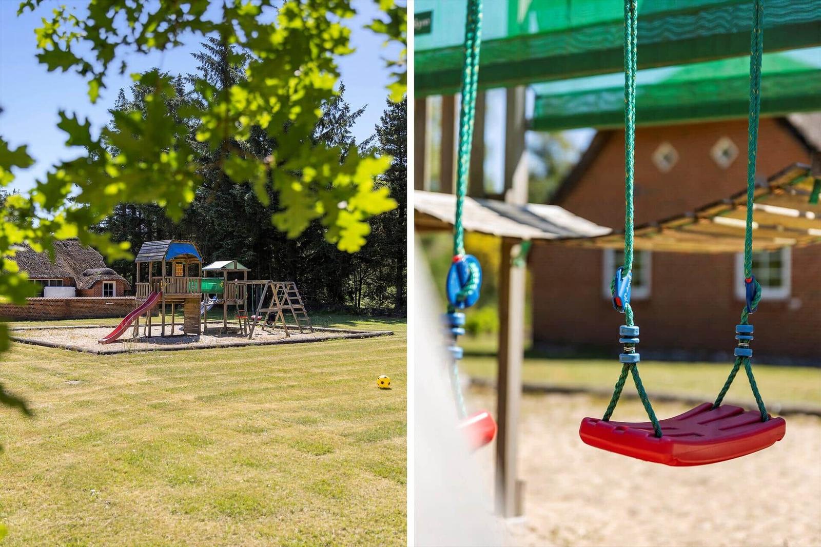 Kinderfreier Spielplatz mit Rutsche und Schaukel im Garten