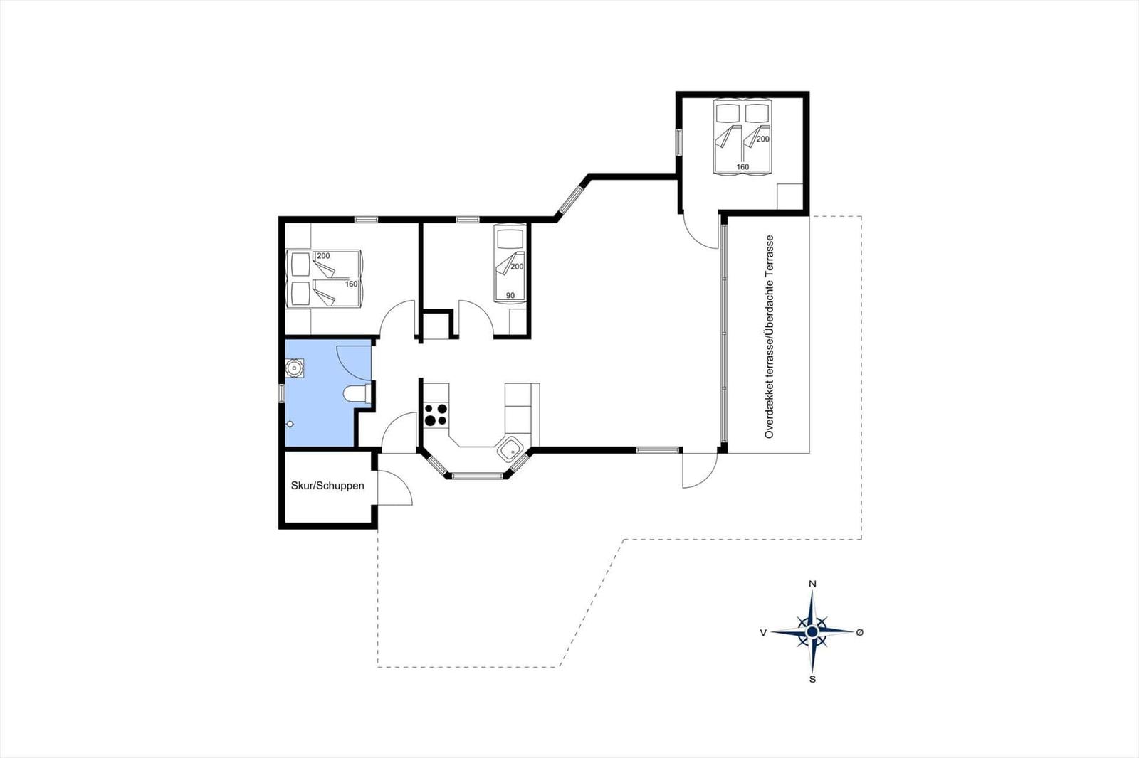 Wohnung mit drei Schlafzimmern, Küche, Bad und überdachter Terrasse.