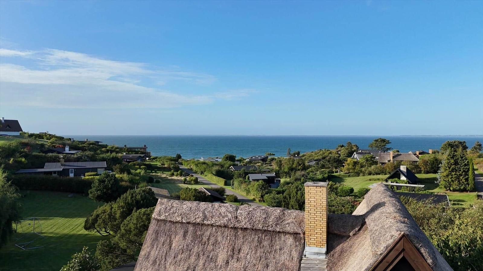 Thatched roof with chimney, view of the sea and green landscape.
