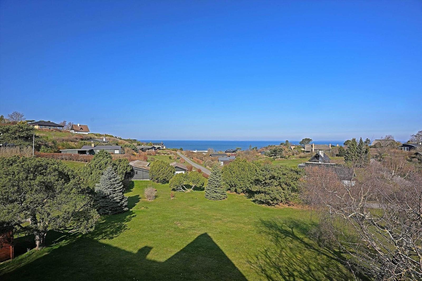 Green lawn with trees and ocean view under blue sky.