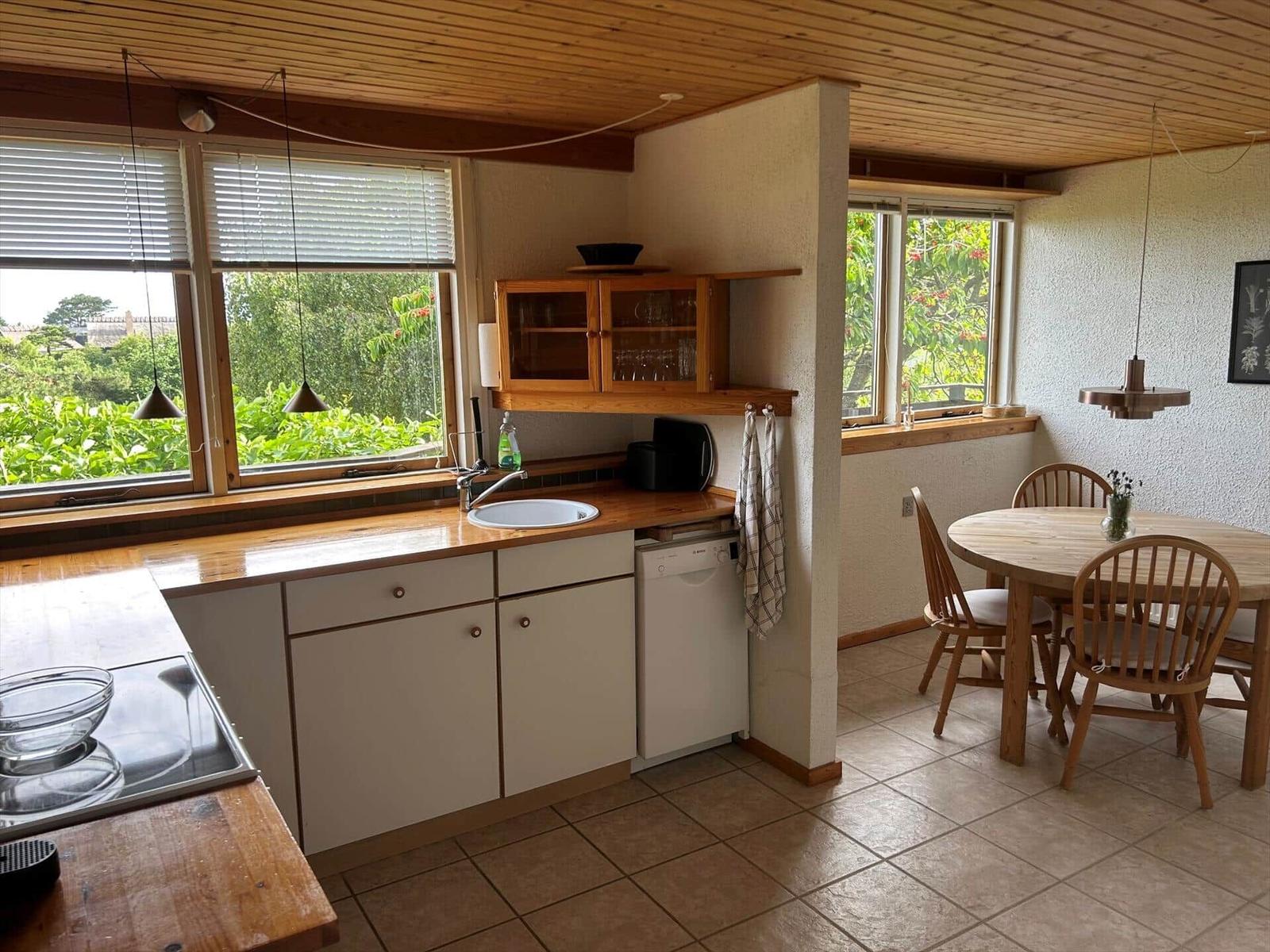 Kitchen with dining area, wooden table, chairs, and windows with green view.