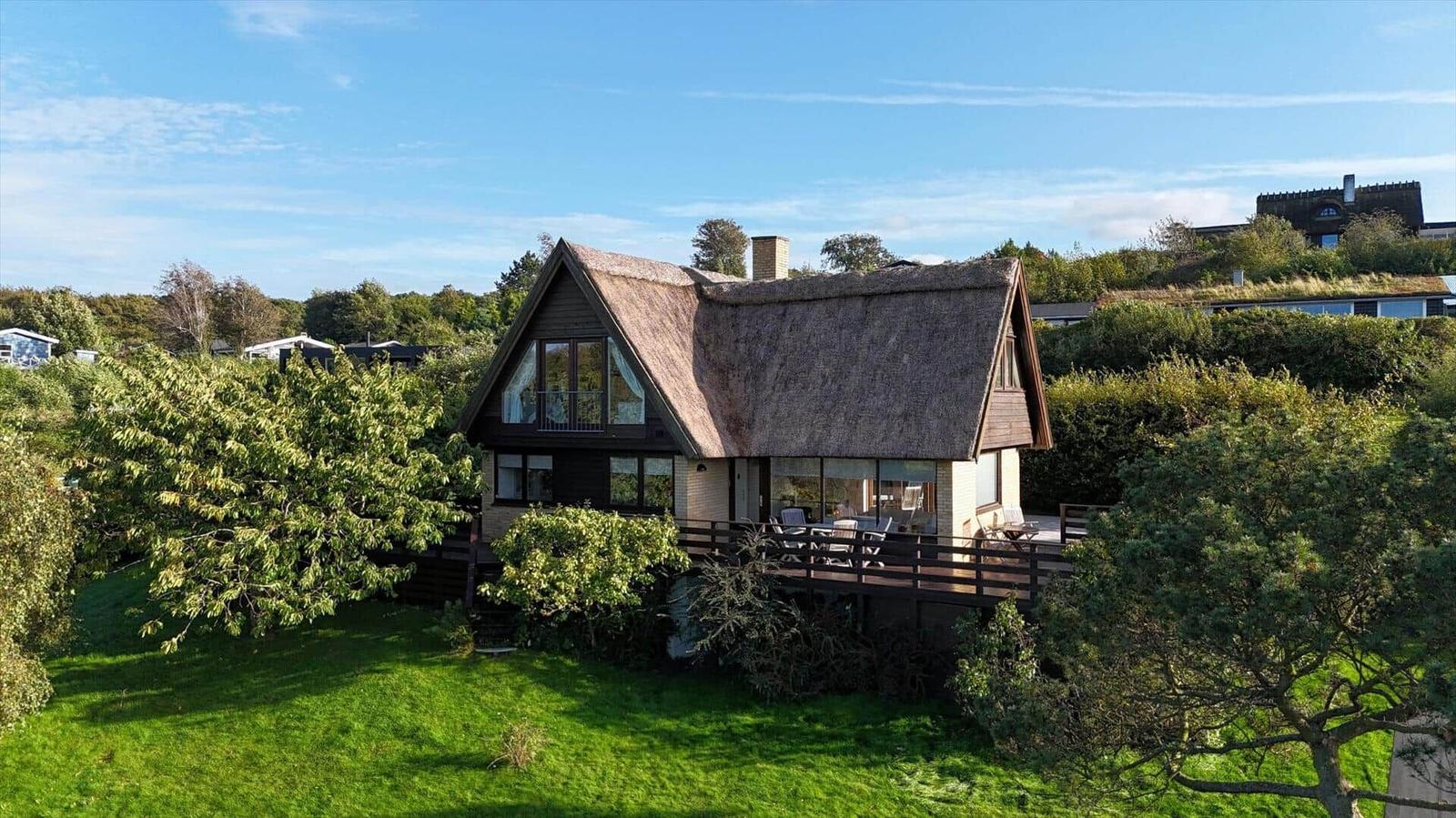 House with thatched roof and wooden terrace in green surroundings
