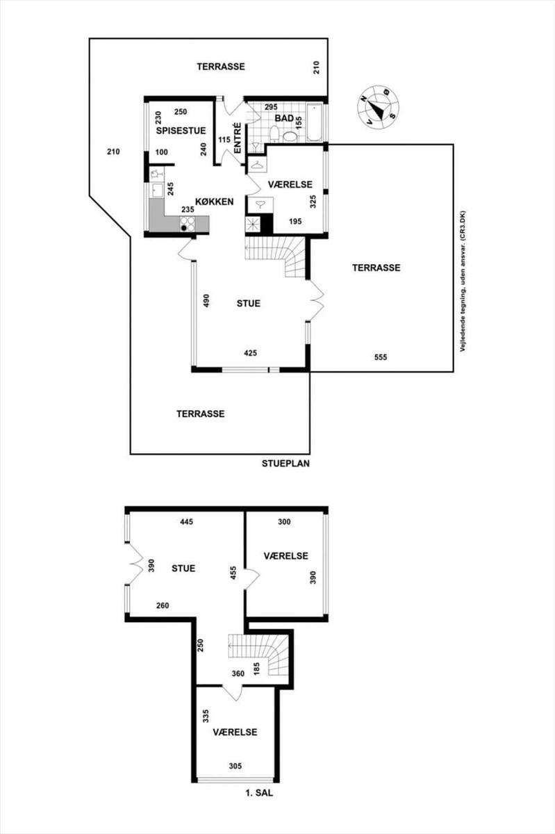 Two-story apartment with terrace, kitchen, and bedrooms. Floor plan and ground floor plan.