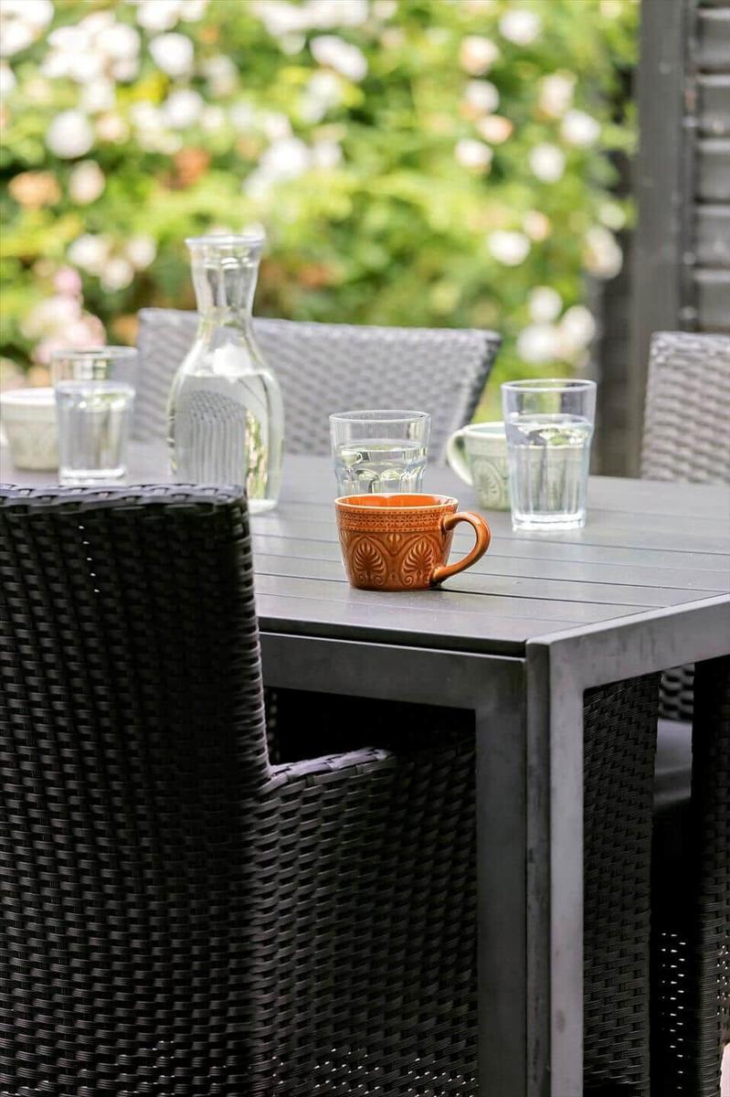 Outdoor area with table, chairs, and drinks. Background with flowers.