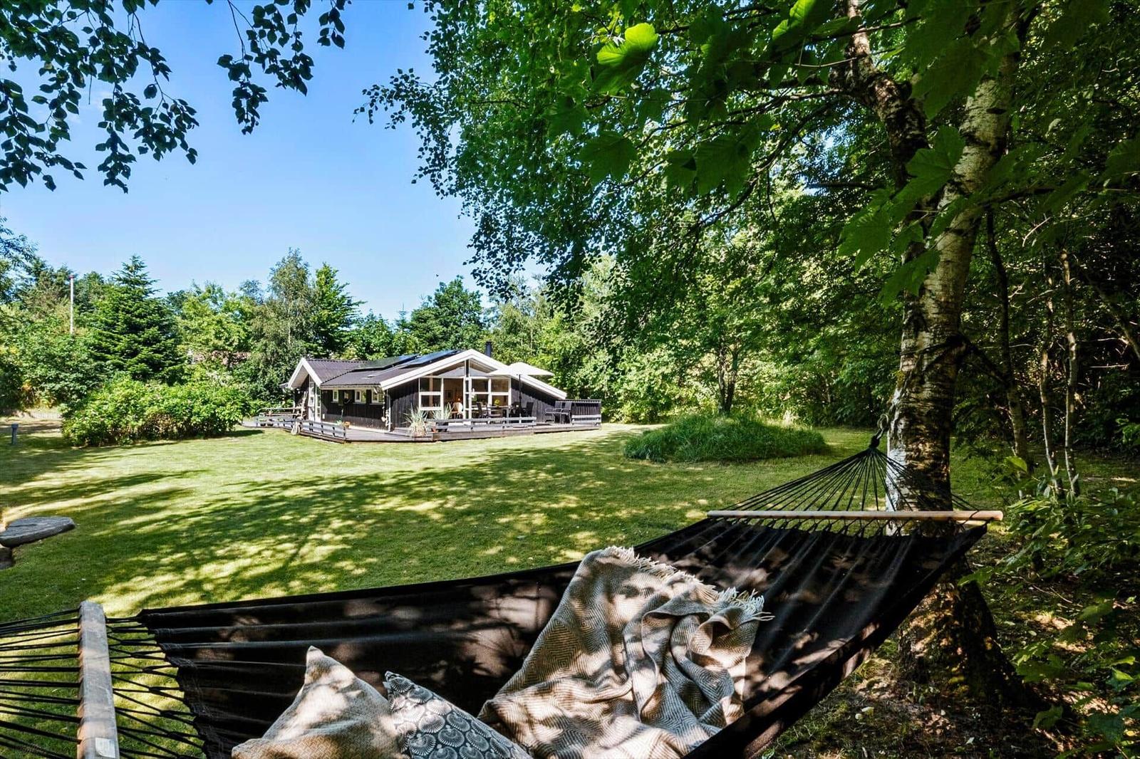 Hammock unter Bäumen mit Blick auf Holzhütte und Garten.
