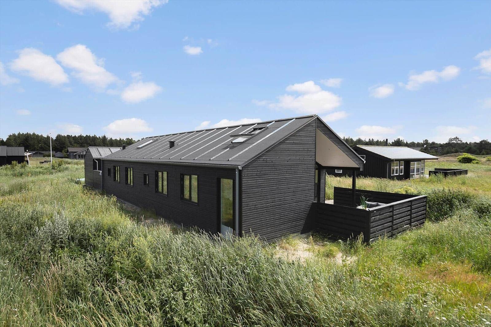 Moderne schwarze Ferienhaus mit Terrasse in Grasland unter blauem Himmel.