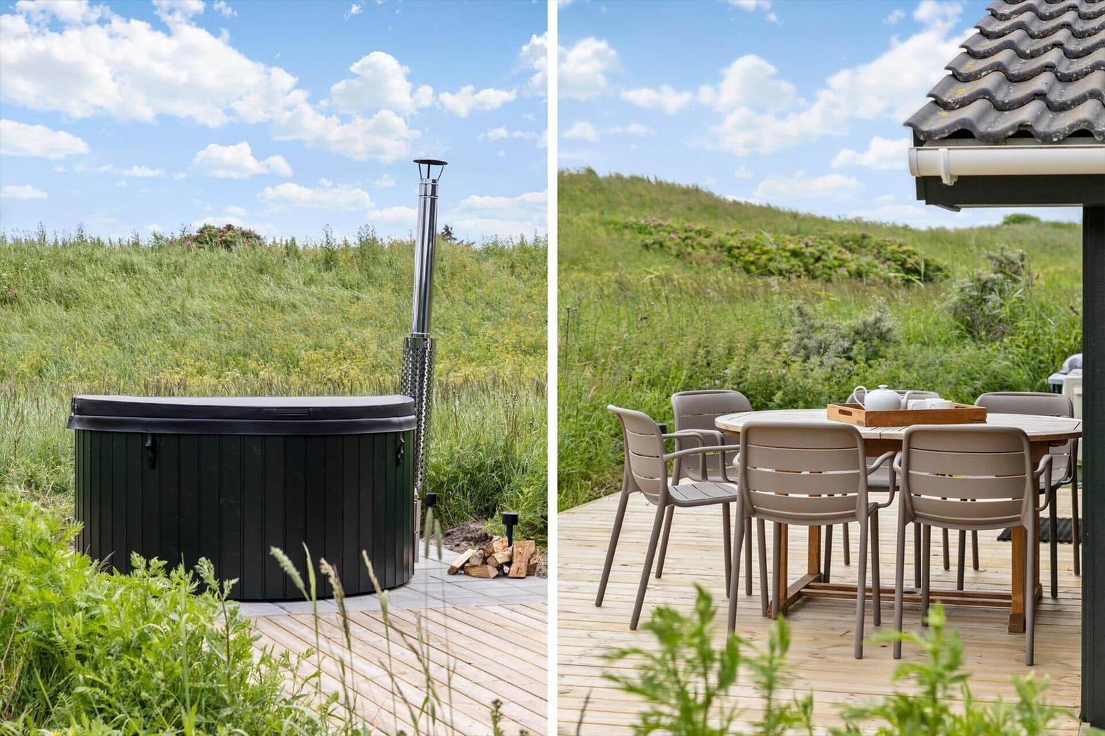 Außenbereich mit Whirlpool und Terrasse mit Tisch und Stühlen.