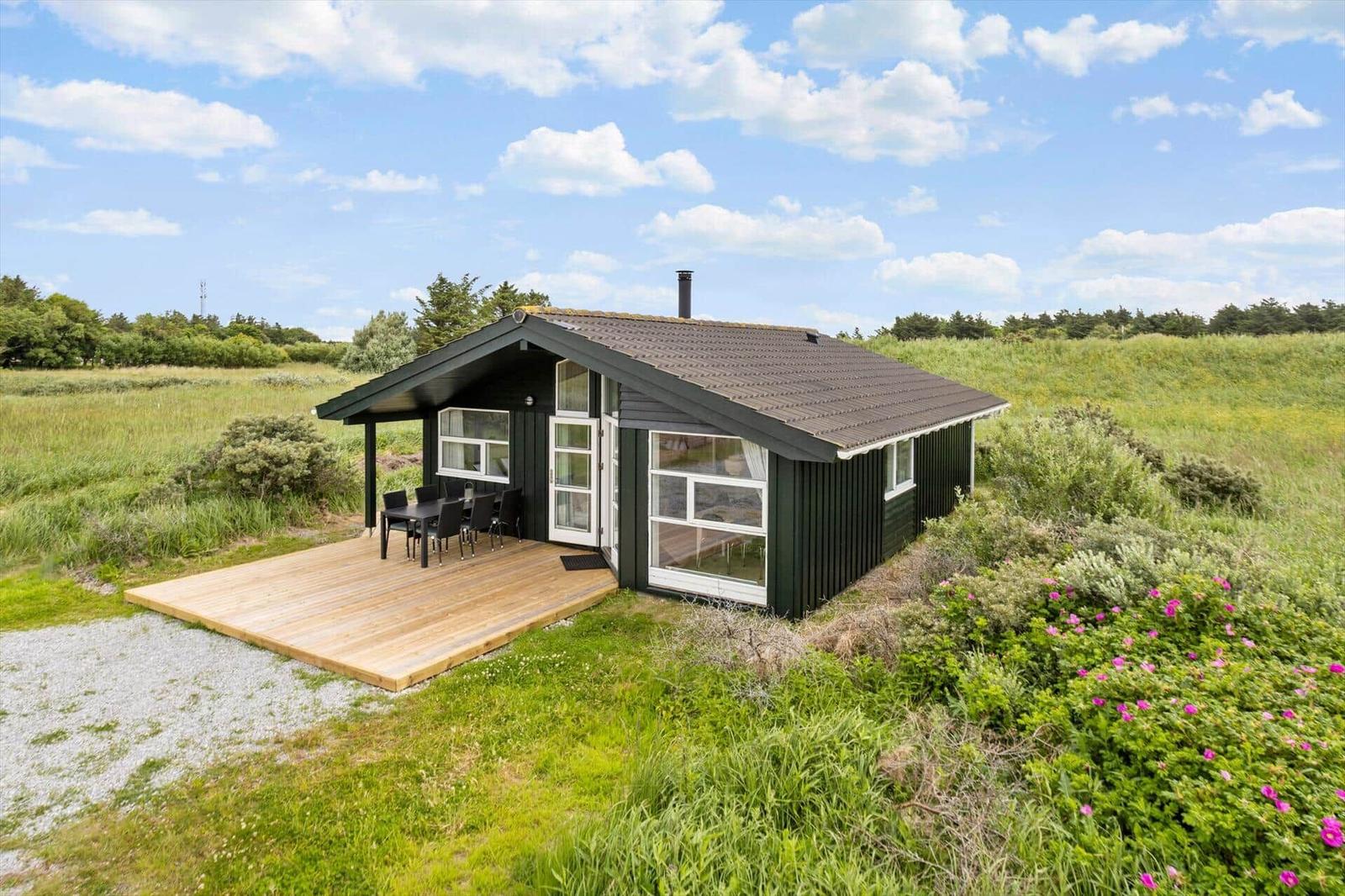 Ein dunkelgrünes Ferienhaus mit Terrasse und Garten. Hintergrund: Grasland und Bäume.