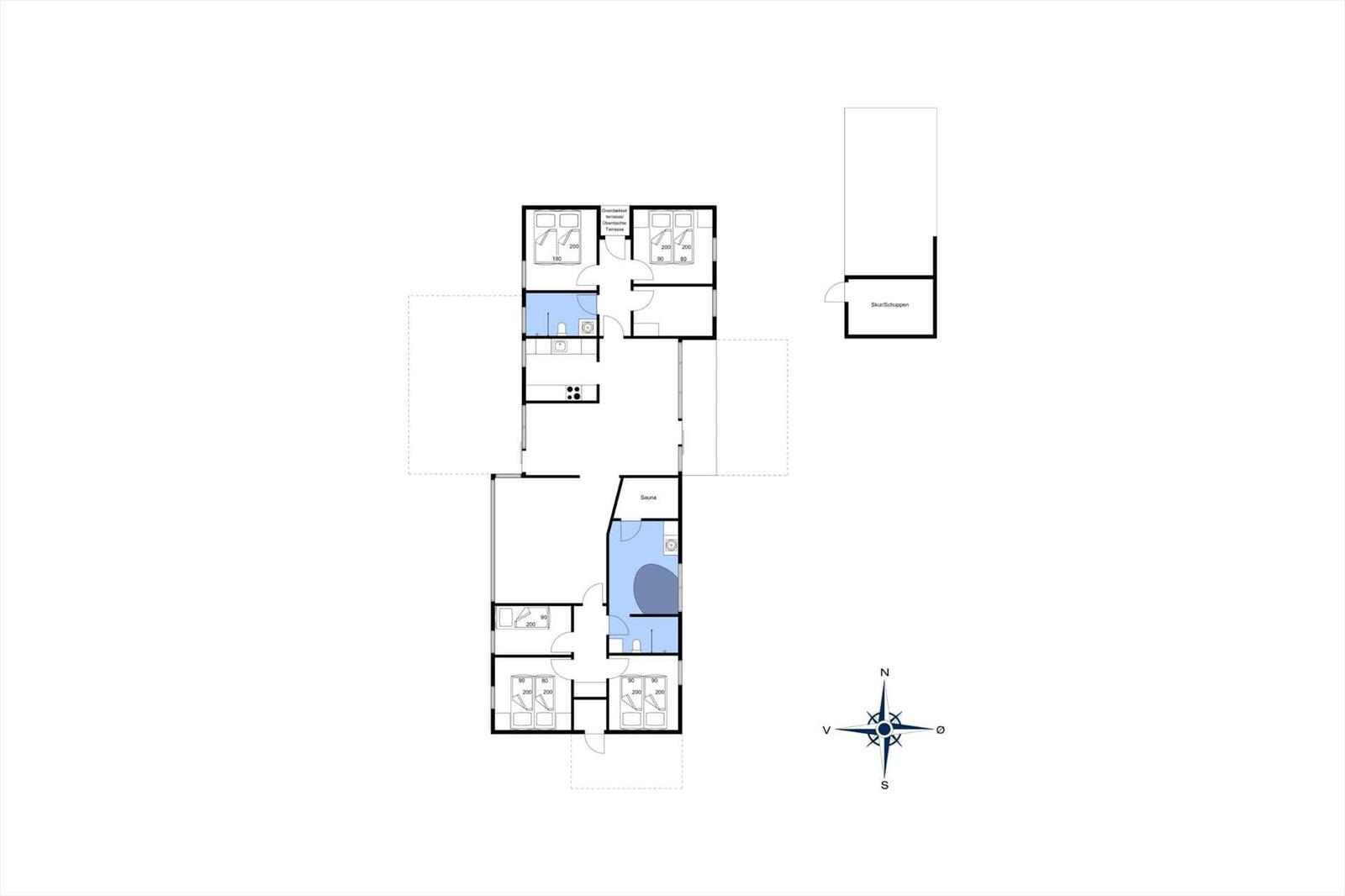Wohnung mit drei Schlafzimmern, Küche, Bad und Sauna. Außenbereich mit Garage.