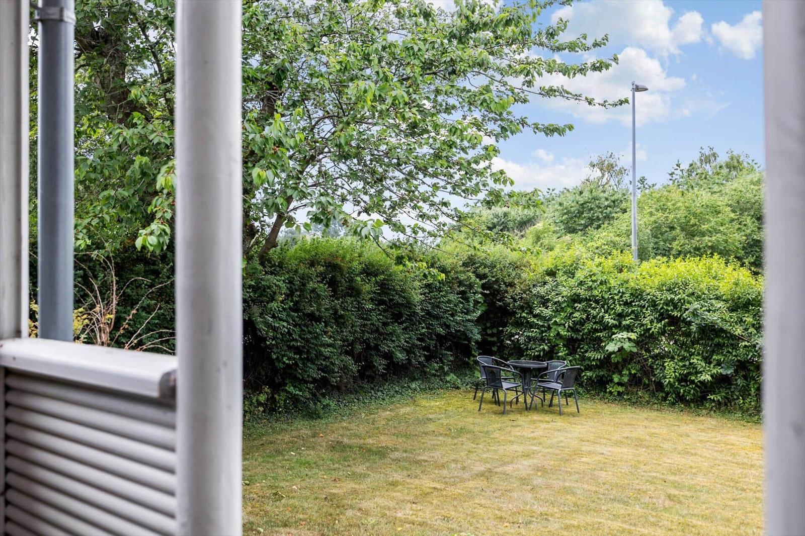 Garten mit Tisch und Stühlen, umgeben von Bäumen und Sträuchern unter blauem Himmel.