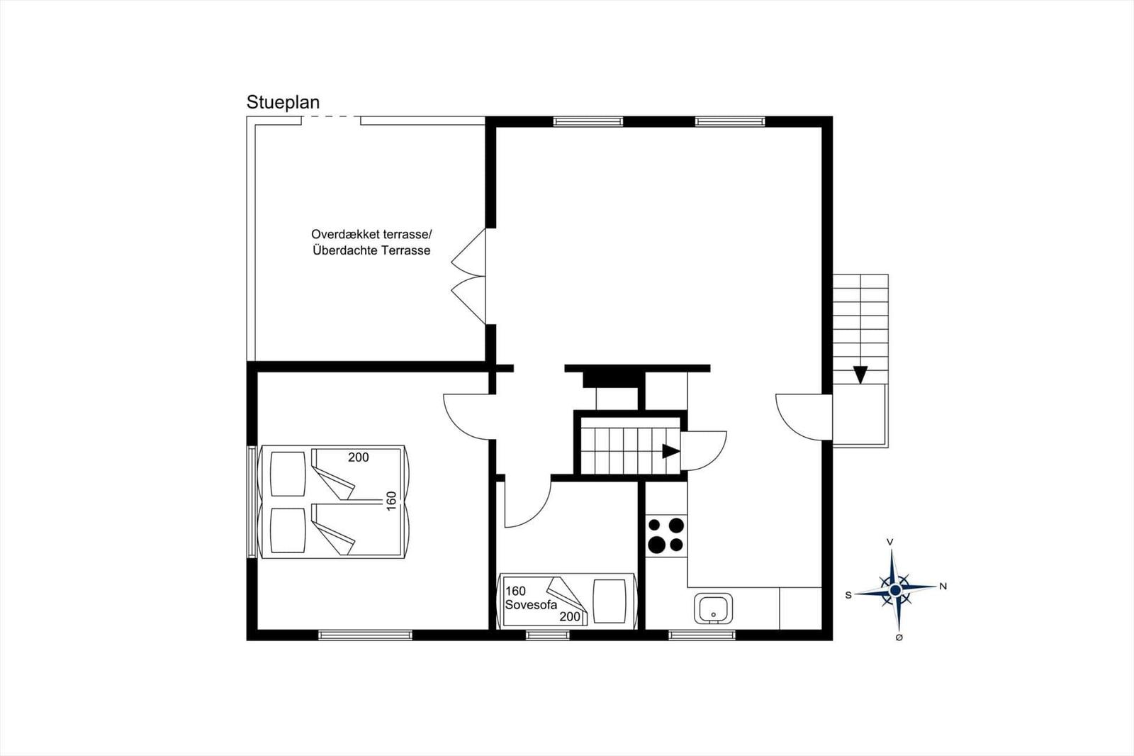 Stueplan mit überdachter Terrasse, Schlafzimmer und Küche